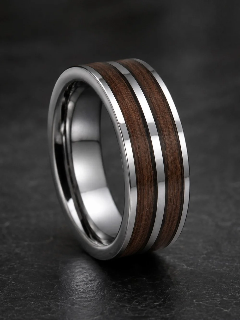 Polished Silver-Tone Tungsten Ring Band with Wood Inlay - Brown 8mm Wide